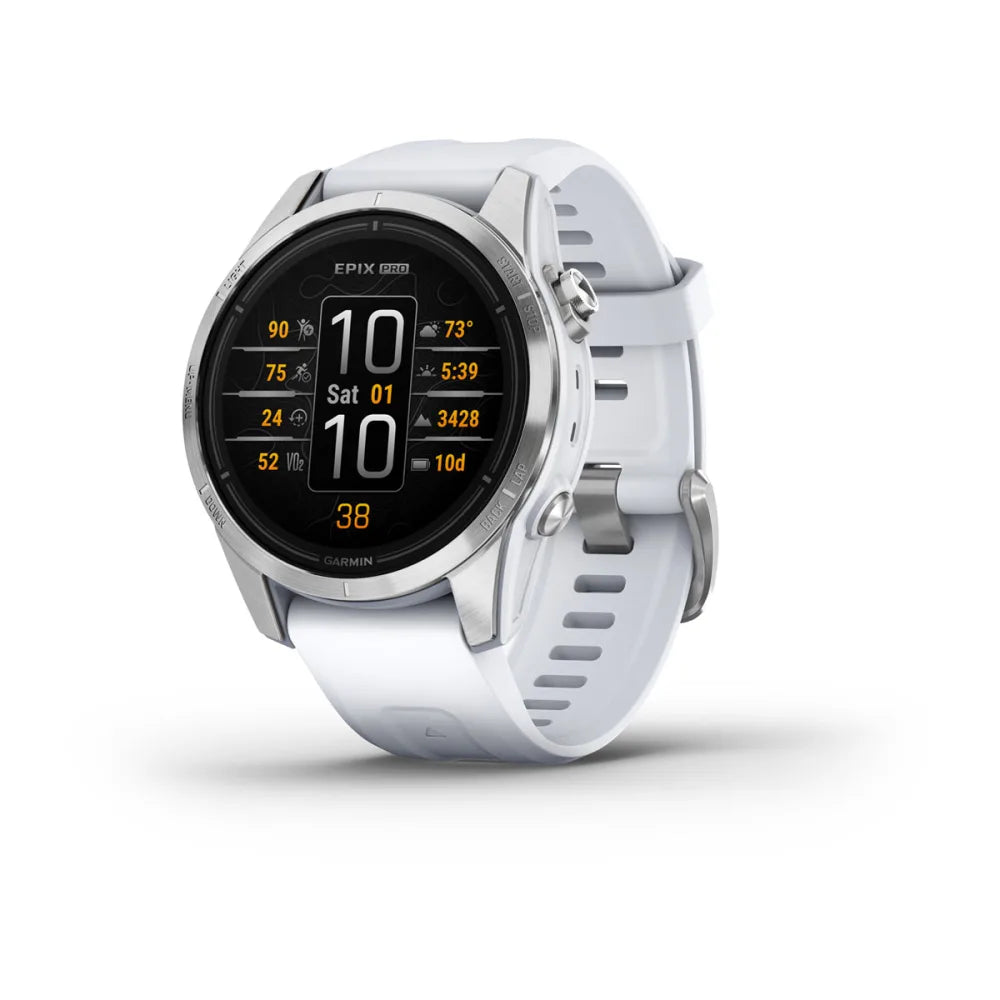 Garmin epix Pro (Gen 2) Standard Edition smartwatch displaying various metrics on a black screen with yellow text, featuring a silver bezel and white strap.