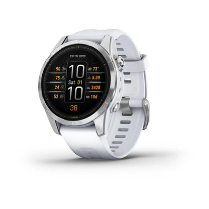 Garmin epix Pro (Gen 2) Standard Edition smartwatch displaying various metrics on a black screen with yellow text, featuring a silver bezel and white strap.