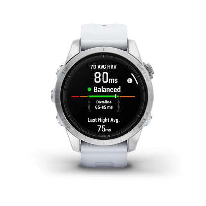 Garmin epix Pro (Gen 2) Standard Edition smartwatch displaying heart rate variability metrics with a white strap and a sleek design.