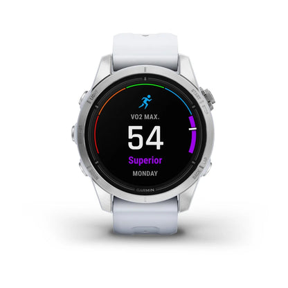 Garmin epix Pro (Gen 2) Standard Edition smartwatch displaying a VO2 Max score of 54, labeled as 'Superior', with a light blue strap.