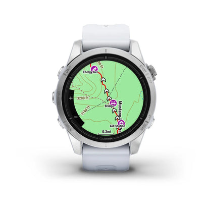 Garmin epix Pro (Gen 2) Standard Edition displaying a detailed map with markers for Energy Gel, Bridge, and Aid Station, along with elevation information.