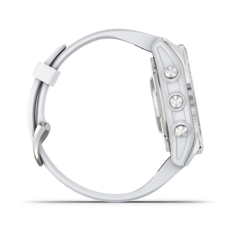 Garmin epix Pro (Gen 2) Standard Edition smartwatch shown from the side, featuring a sleek design with a light-colored band and three prominent buttons.