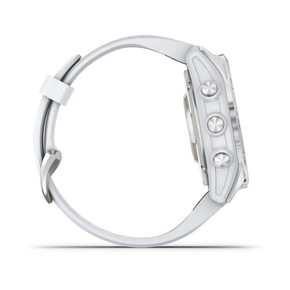 Garmin epix Pro (Gen 2) Standard Edition smartwatch shown from the side, featuring a sleek design with a light-colored band and three prominent buttons.