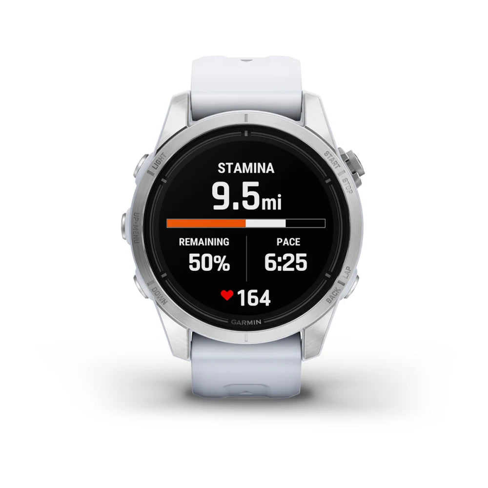 Garmin epix Pro (Gen 2) Standard Edition smartwatch displaying stamina information with 9.5 miles remaining, 50% stamina, pace of 6:25, and heart rate of 164.