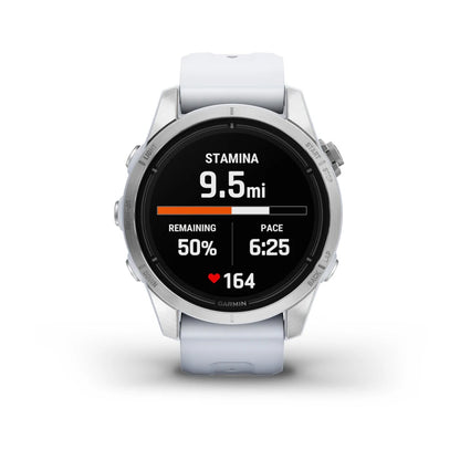 Garmin epix Pro (Gen 2) Standard Edition smartwatch displaying stamina information with 9.5 miles remaining, 50% stamina, pace of 6:25, and heart rate of 164.