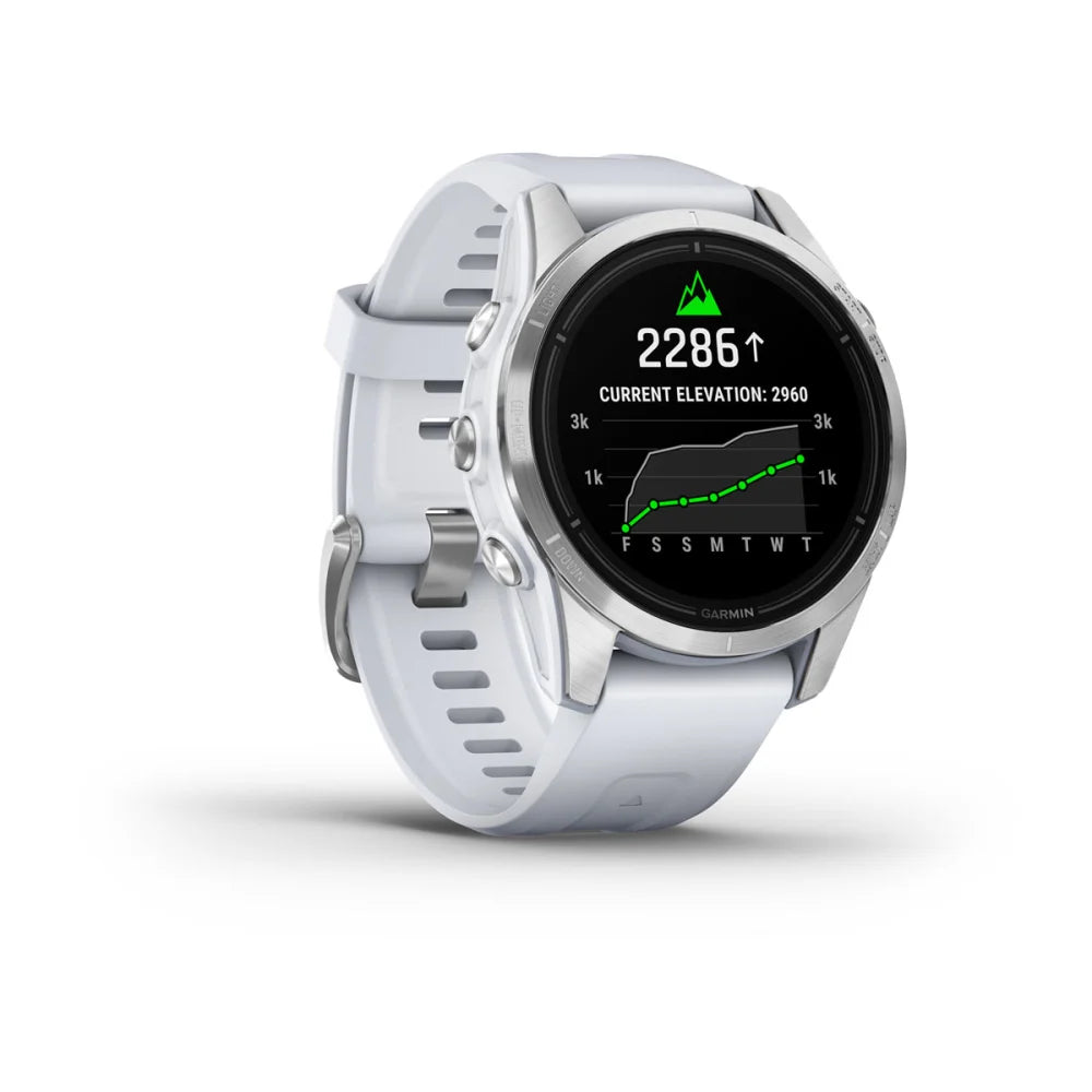 Garmin epix Pro (Gen 2) Standard Edition smartwatch displaying current elevation and a graph on the screen, set against a white background.