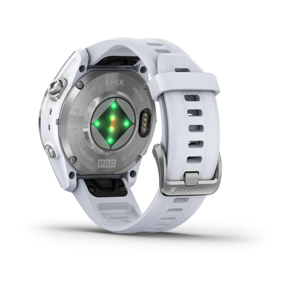 Garmin epix Pro (Gen 2) Standard Edition smartwatch showing the back with heart rate sensors and a white strap.