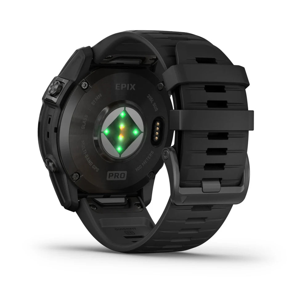 Back view of the Garmin epix Pro (Gen 2) Standard Edition smartwatch, showcasing the sensors and black silicone strap.