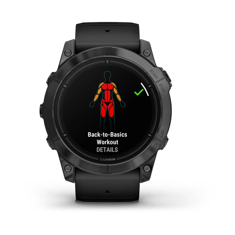 Garmin epix Pro (Gen 2) Standard Edition displaying a 'Back-to-Basics Workout' screen with a graphic of a human figure highlighting muscle groups.