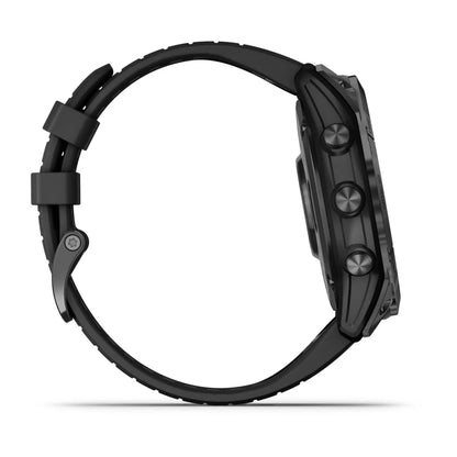 Garmin epix Pro (Gen 2) Standard Edition smartwatch displayed from the side, featuring a black strap and multiple buttons on the side.