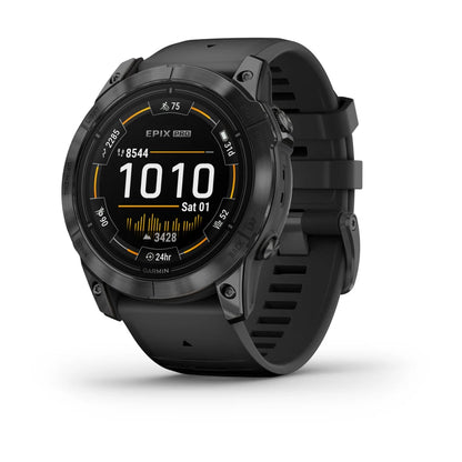 Garmin epix Pro (Gen 2) Standard Edition smartwatch displaying various metrics, including steps and heart rate, with a black strap and round face.