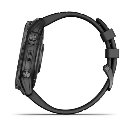 Garmin epix Pro (Gen 2) Standard Edition smartwatch displayed in profile view, showcasing its sleek design and black strap.