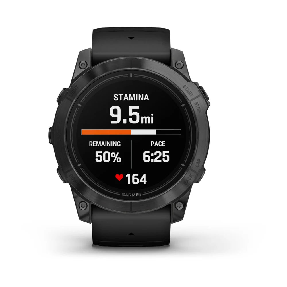 Garmin epix Pro (Gen 2) Standard Edition smartwatch displaying stamina of 9.5 miles, remaining 50%, pace of 6:25, and heart rate of 164.