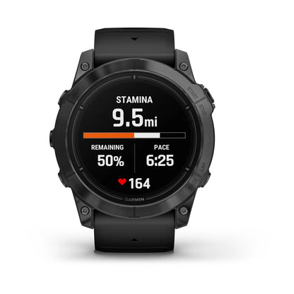 Garmin epix Pro (Gen 2) Standard Edition smartwatch displaying stamina of 9.5 miles, remaining 50%, pace of 6:25, and heart rate of 164.