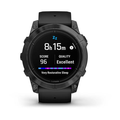 Garmin epix Pro (Gen 2) Standard Edition smartwatch displaying sleep data with a score of 96 and quality rated as Excellent, showing 8 hours and 15 minutes of restorative sleep.