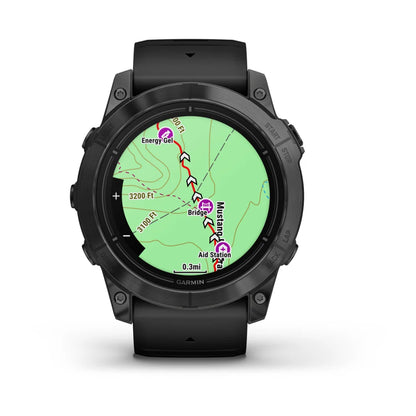 Garmin epix Pro (Gen 2) Standard Edition displaying a topographic map with trail markers, including locations for energy gel, a bridge, and an aid station.