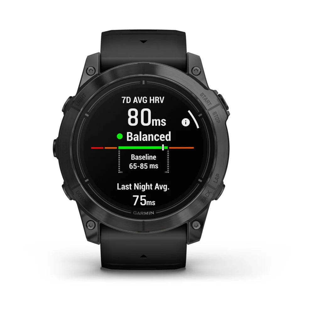 Garmin epix Pro (Gen 2) Standard Edition smartwatch displaying heart rate variability metrics with a reading of 80 ms and a balanced status.