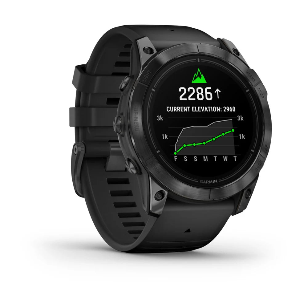 Garmin epix Pro (Gen 2) Standard Edition smartwatch displaying current elevation and a graph on its screen, featuring a black band and rugged design.
