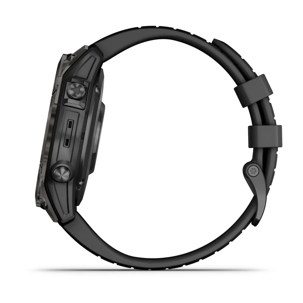 Side view of the Garmin Fenix 7 Pro Sapphire Solar Edition smartwatch, showcasing its sleek design and features.