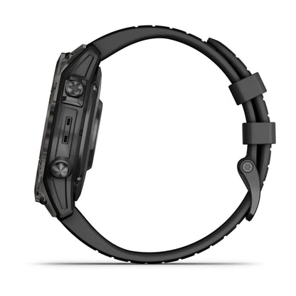 Side view of the Garmin Fenix 7 Pro Sapphire Solar Edition smartwatch, showcasing its sleek design and features.