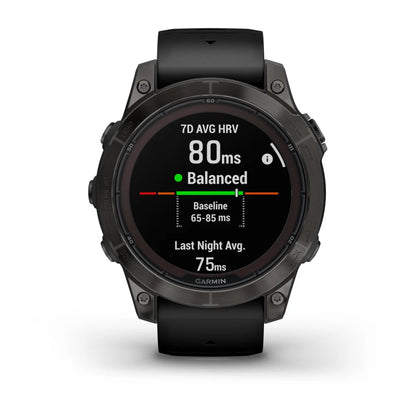 Garmin Fenix 7 Pro Sapphire Solar Edition smartwatch displaying heart rate variability metrics with a black strap.