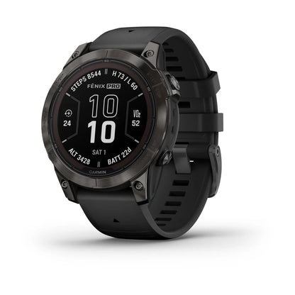 Garmin Fenix 7 Pro Sapphire Solar Edition smartwatch displaying various fitness metrics on a black screen, featuring a rugged design with a black strap.
