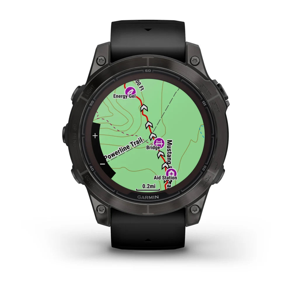 Garmin Fenix 7 Pro Sapphire Solar Edition smartwatch displaying a detailed map with trail information and waypoints.