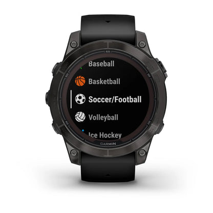 Garmin Fenix 7 Pro Sapphire Solar Edition smartwatch displaying sports options including Baseball, Basketball, Soccer/Football, Volleyball, and Ice Hockey.