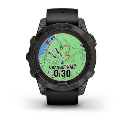 Garmin Fenix 7 Pro Sapphire Solar Edition displaying a map with highlighted trails and navigation information.