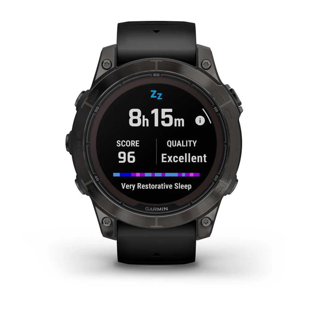 Garmin Fenix 7 Pro Sapphire Solar Edition smartwatch displaying sleep data with a score of 96 and quality rated as excellent.