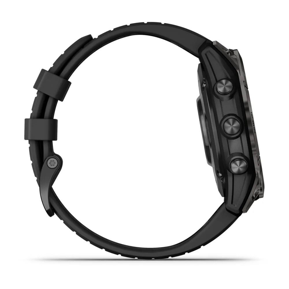 Side view of the Garmin Fenix 7 Pro Sapphire Solar Edition smartwatch, showcasing its sleek design and buttons.