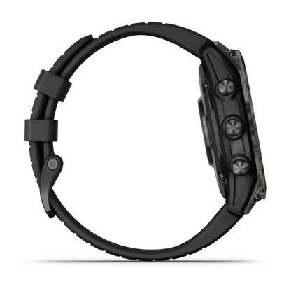 Side view of the Garmin Fenix 7 Pro Sapphire Solar Edition smartwatch, showcasing its sleek design and buttons.