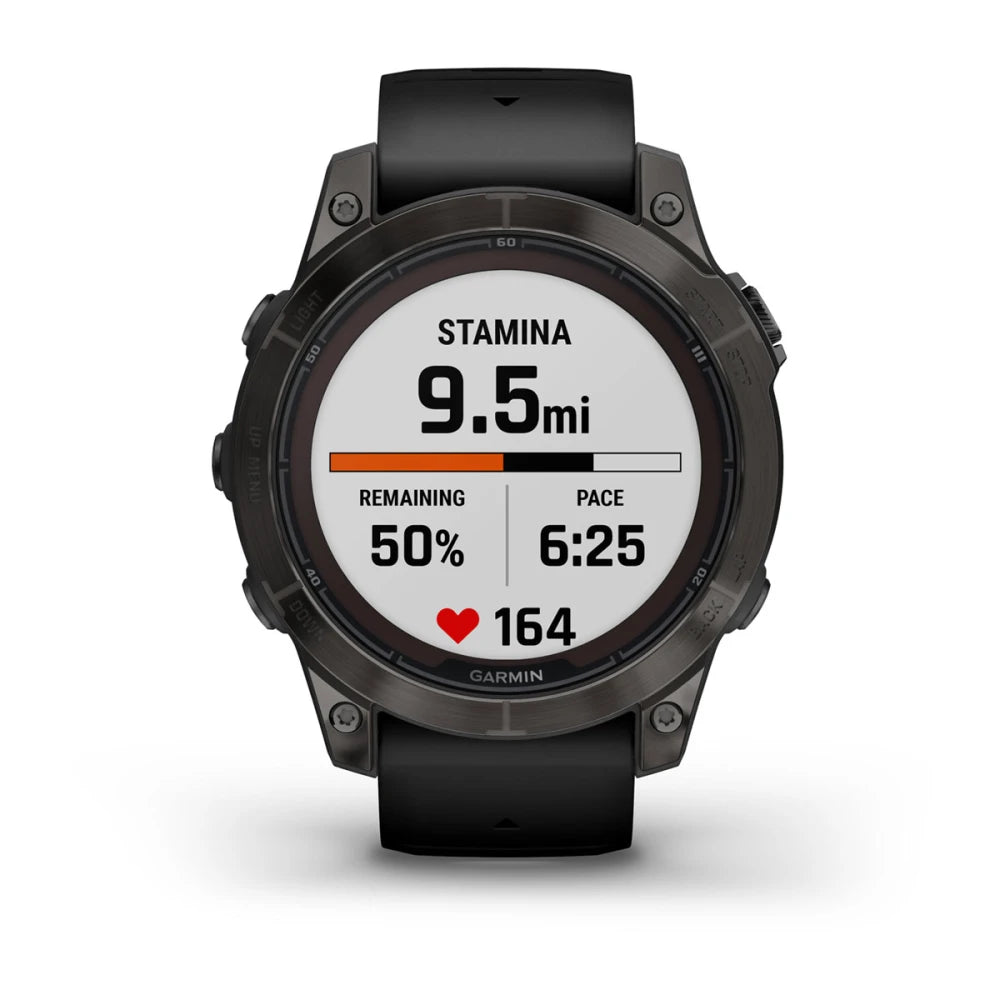 Garmin Fenix 7 Pro Sapphire Solar Edition smartwatch displaying stamina, distance of 9.5 miles, remaining energy of 50%, pace of 6:25, and heart rate of 164.