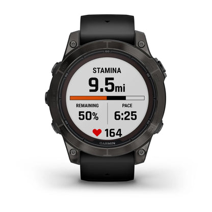 Garmin Fenix 7 Pro Sapphire Solar Edition smartwatch displaying stamina, distance of 9.5 miles, remaining energy of 50%, pace of 6:25, and heart rate of 164.