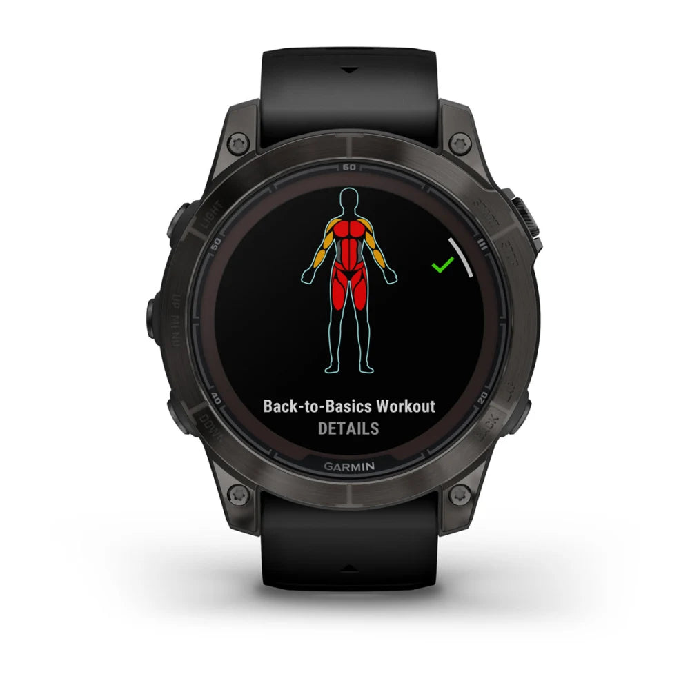 Garmin Fenix 7 Pro Sapphire Solar Edition displaying a Back-to-Basics Workout screen with a graphic of a human figure highlighting muscle groups.