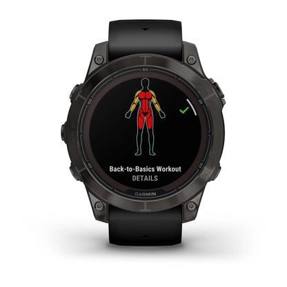 Garmin Fenix 7 Pro Sapphire Solar Edition displaying a Back-to-Basics Workout screen with a graphic of a human figure highlighting muscle groups.