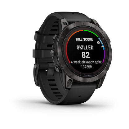 Garmin Fenix 7 Pro Sapphire Solar Edition smartwatch displaying a hill score of 82 and a 4-week elevation gain of 13,780 feet.