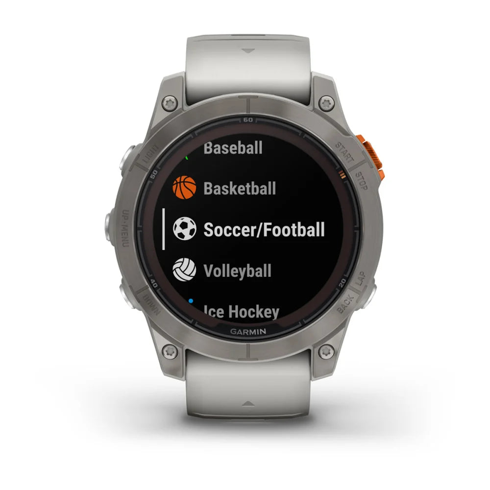 Garmin Fenix 7 Pro Sapphire Solar Edition smartwatch displaying a menu with sports options including Baseball, Basketball, Soccer/Football, Volleyball, and Ice Hockey.
