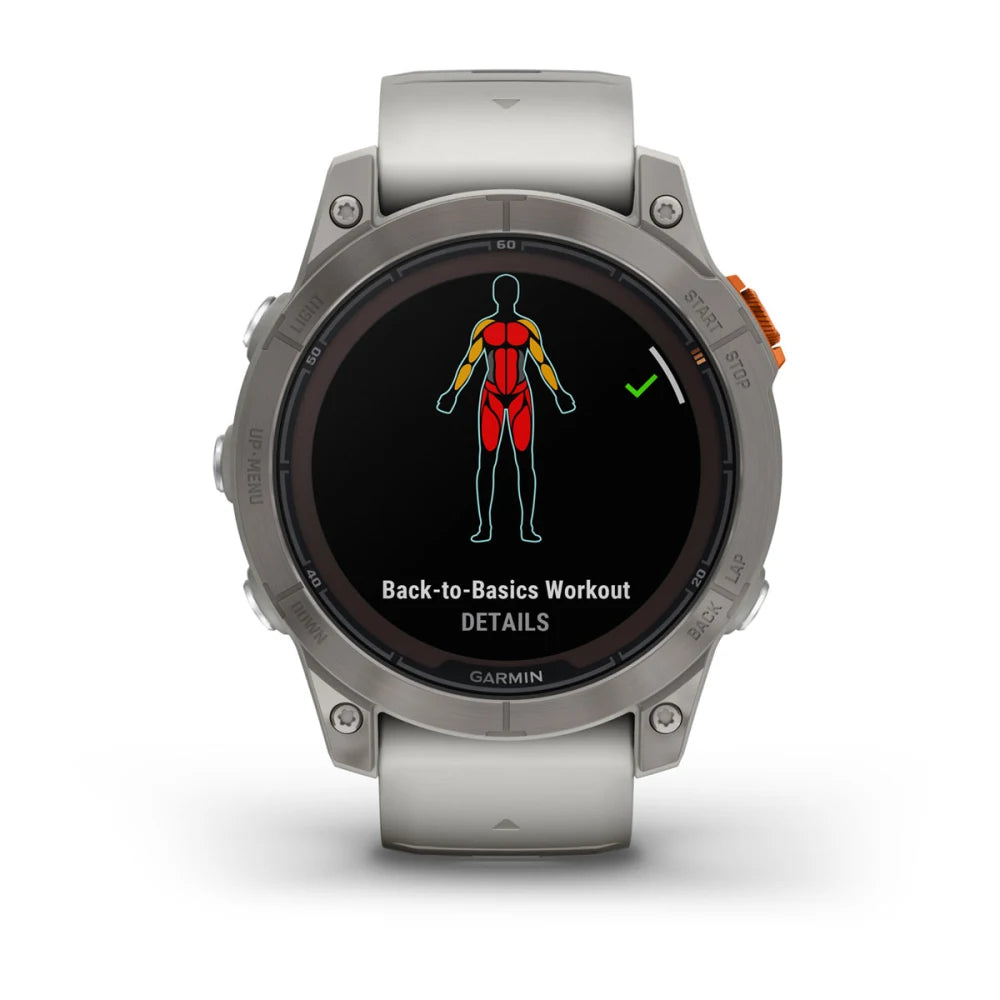 Garmin Fenix 7 Pro Sapphire Solar Edition displaying a Back-to-Basics Workout screen with a graphic of a human figure highlighting muscle groups.