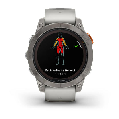 Garmin Fenix 7 Pro Sapphire Solar Edition displaying a Back-to-Basics Workout screen with a graphic of a human figure highlighting muscle groups.