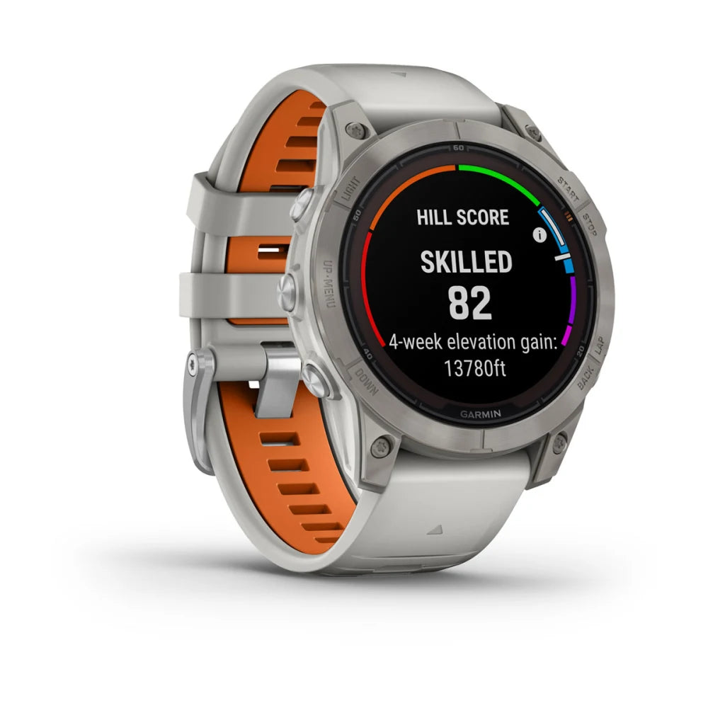 Garmin Fenix 7 Pro Sapphire Solar Edition smartwatch displaying a skilled hill score of 82 and a 4-week elevation gain of 13,780 feet, featuring a sleek design with a gray case and orange band.
