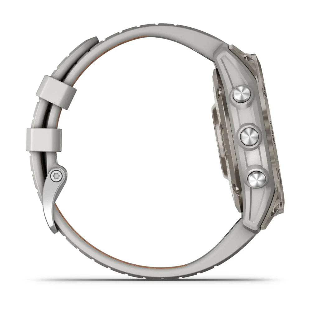 Garmin Fenix 7 Pro Sapphire Solar Edition smartwatch viewed from the side, showcasing its sleek design and buttons.