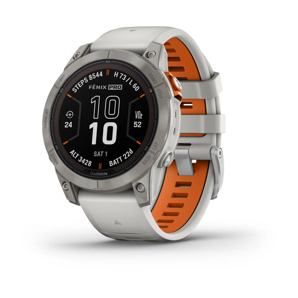 Garmin Fenix 7 Pro Sapphire Solar Edition smartwatch displaying activity metrics with a gray and orange strap.
