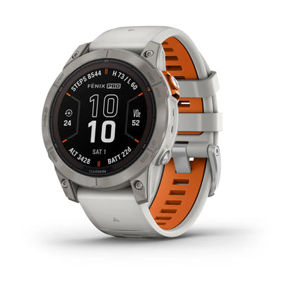 Garmin Fenix 7 Pro Sapphire Solar Edition smartwatch displaying activity metrics with a gray and orange strap.
