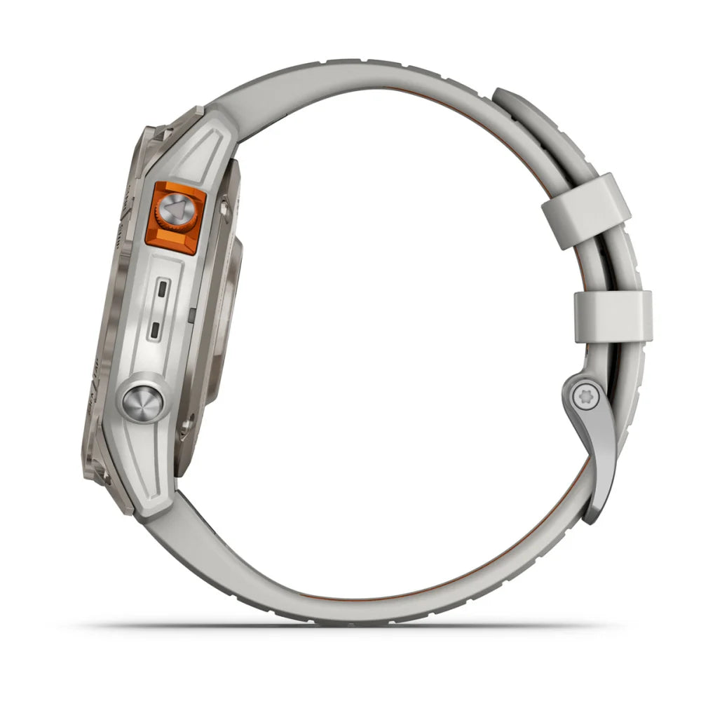 Garmin Fenix 7 Pro Sapphire Solar Edition smartwatch shown from the side, featuring a silver case and a white band.