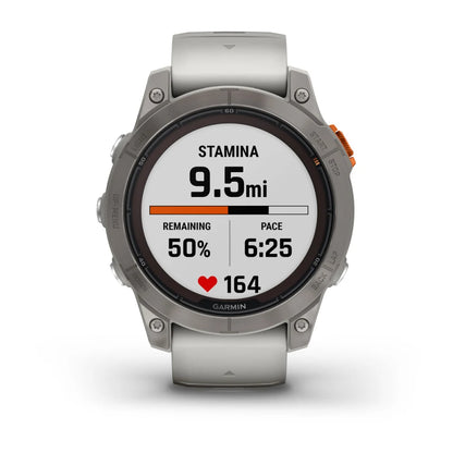 Garmin Fenix 7 Pro Sapphire Solar Edition displaying stamina metrics with 9.5 miles, 50% remaining, pace of 6:25, and heart rate of 164.