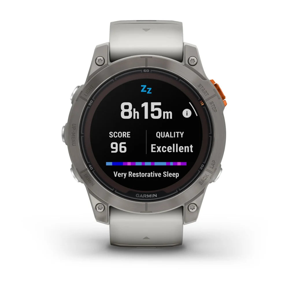 Garmin Fenix 7 Pro Sapphire Solar Edition smartwatch displaying sleep data with a score of 96 and quality marked as excellent, featuring a white band and a sleek design.