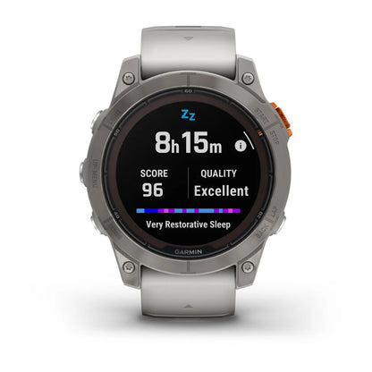 Garmin Fenix 7 Pro Sapphire Solar Edition smartwatch displaying sleep data with a score of 96 and quality marked as excellent, featuring a white band and a sleek design.