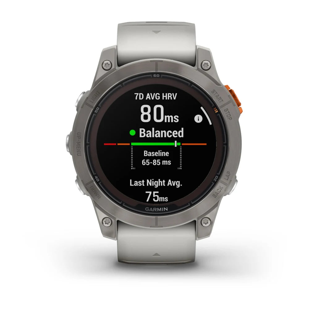 Garmin Fenix 7 Pro Sapphire Solar Edition smartwatch displaying heart rate variability data with a reading of 80ms and a balanced status.