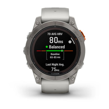 Garmin Fenix 7 Pro Sapphire Solar Edition smartwatch displaying heart rate variability data with a reading of 80ms and a balanced status.